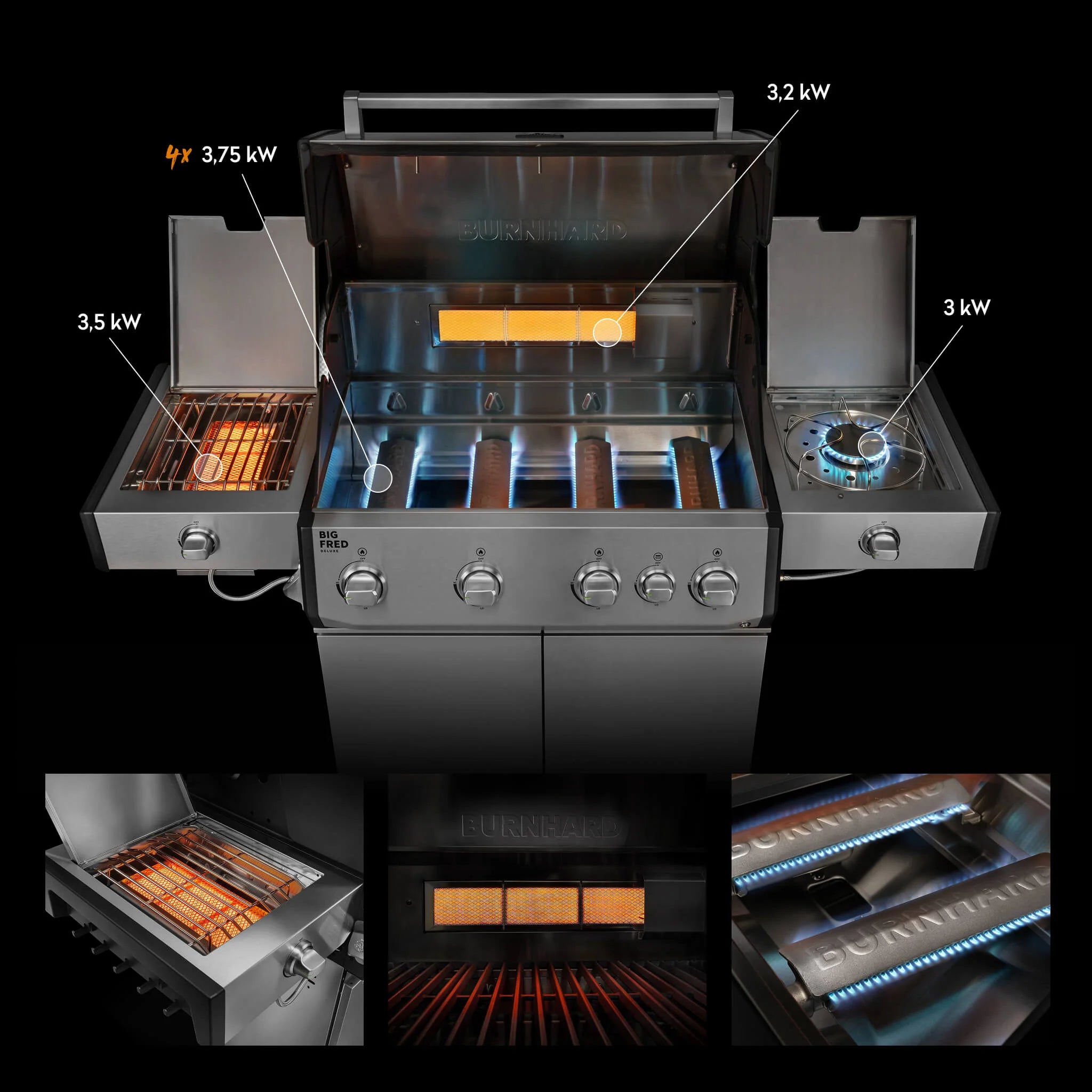 Burnhard Big FRED Deluxe Gasgrill Edelstahl 4-Brenner mit Edelstahlrost Series 4