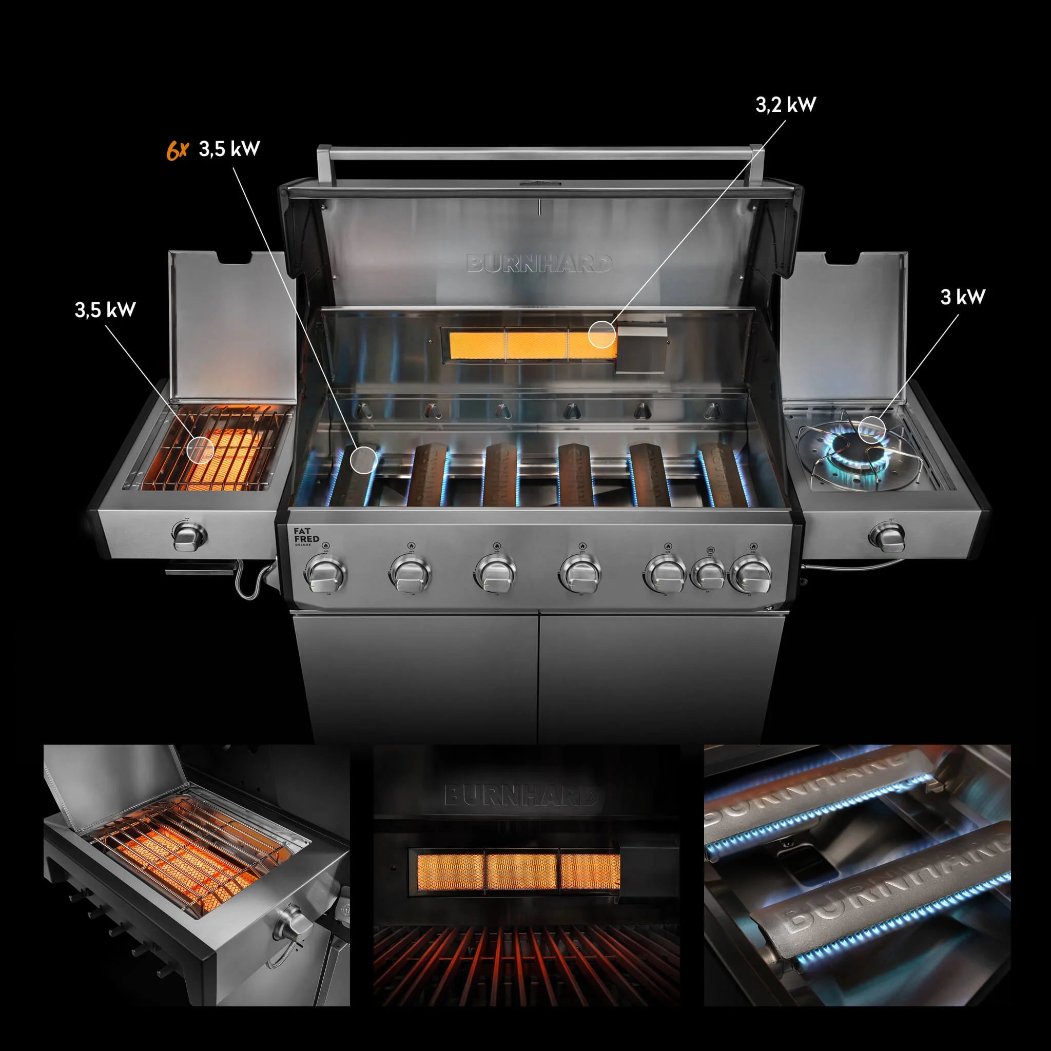 Burnhard Fat FRED Deluxe+ Gasgrill 6-Brenner Edelstahl mit Edelstahlrost Series 4