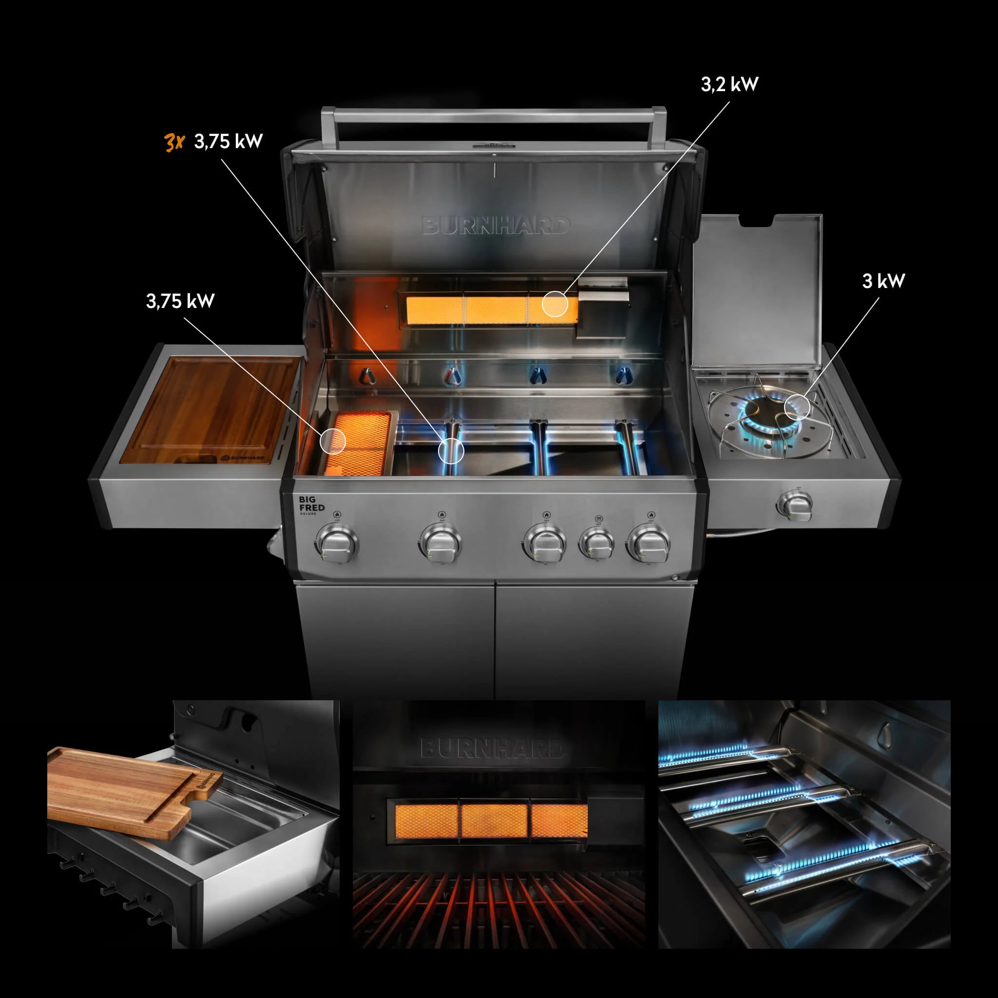 Burnhard Big FRED Deluxe Gasgrill Edelstahl 4-Brenner mit Gusseisenrost Series 4
