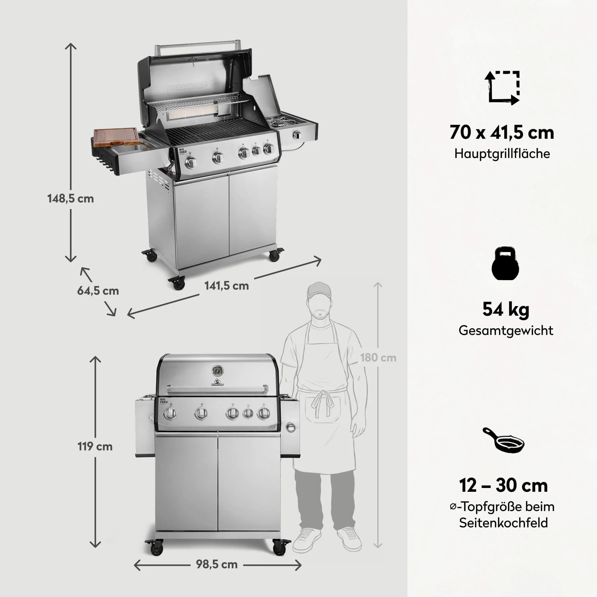 Burnhard Big FRED Deluxe Gasgrill Edelstahl 4-Brenner mit Gusseisenrost Series 4