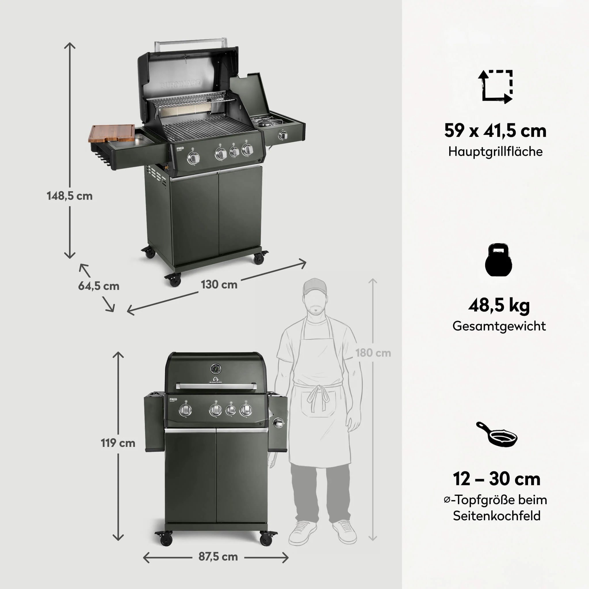 Burnhard FRED Deluxe Gasgrill 3-Brenner Green Edition mit Gusseisenrost Series 4