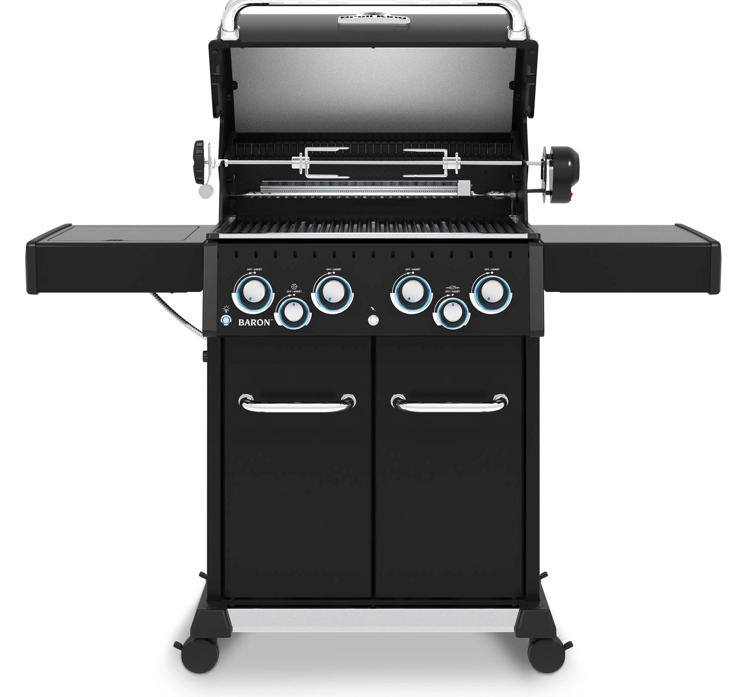 Frontansicht mit offenem Deckel: Baron 490 IR Shadow von Broil King inkl. Rotisserie & Infrarot-Seitenbrenner