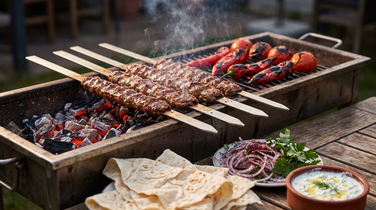 Adana Kebap Spieße auf breiten Metallspießen über Holzkohle, daneben Spitzpaprika, Fladenbrot und Zwiebelsalat