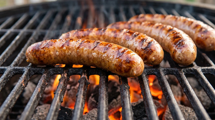 Bratwurst Kerntemperatur: Bratwürste mit Grillstreifen auf dem Rost über glühender Holzkohle