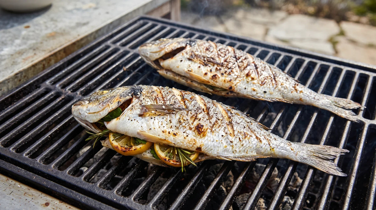 Dorade Kerntemperatur: zwei gegrillte Doraden mit Zitrone und Kräutern auf dem Grillrost