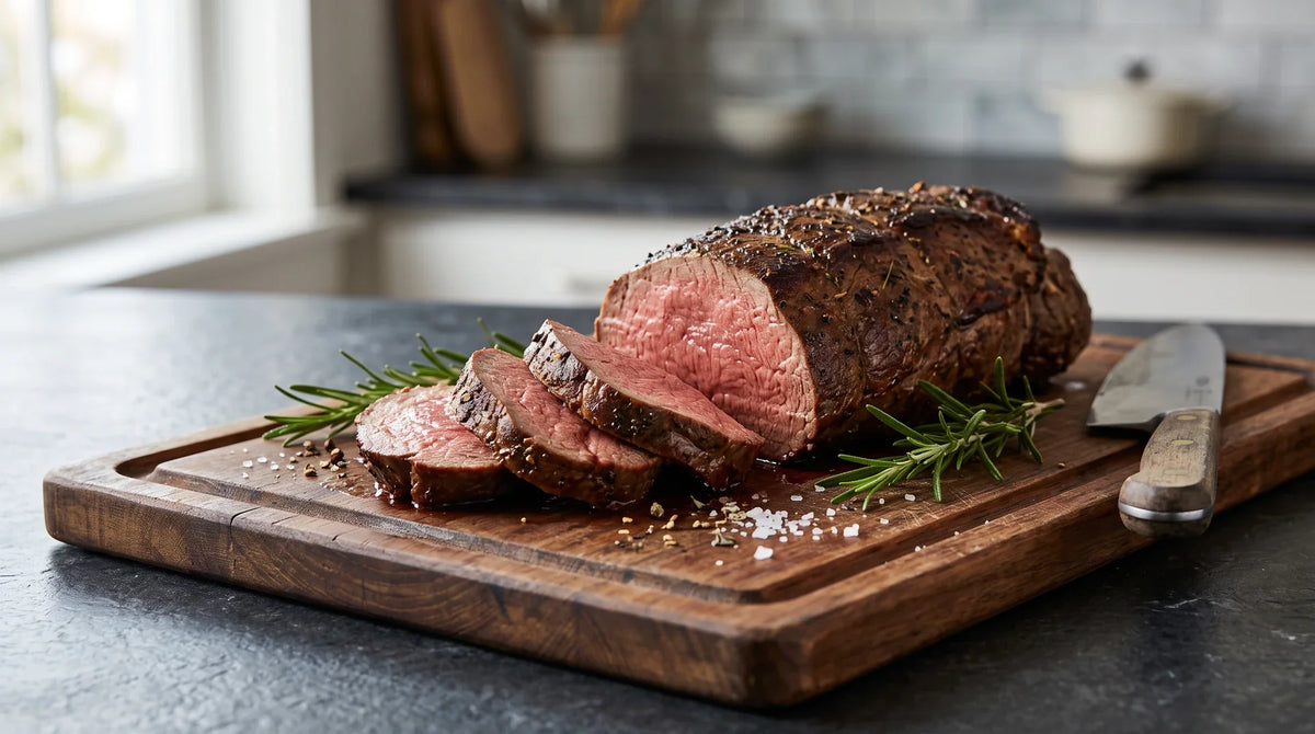 Filet Kerntemperatur: Rinderfilet am Stück mit Kruste, in gleichmäßig rosa Medaillons geschnitten