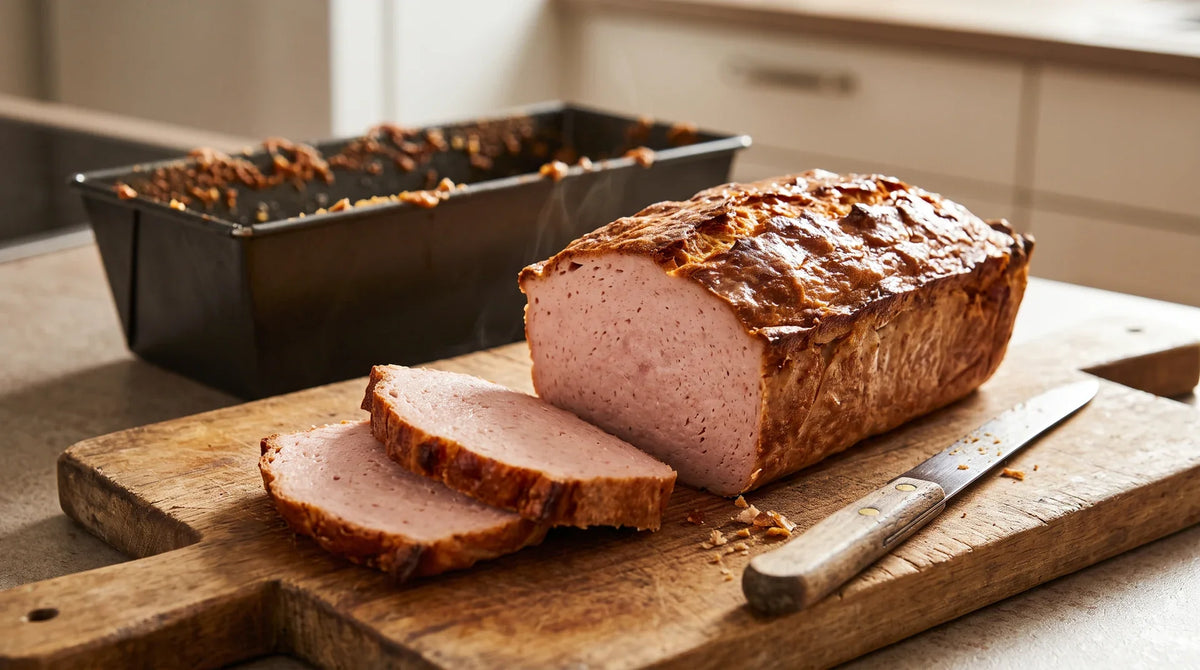 Fleischkäse mit brauner Kruste am Stück und in Scheiben auf einem Holzbrett