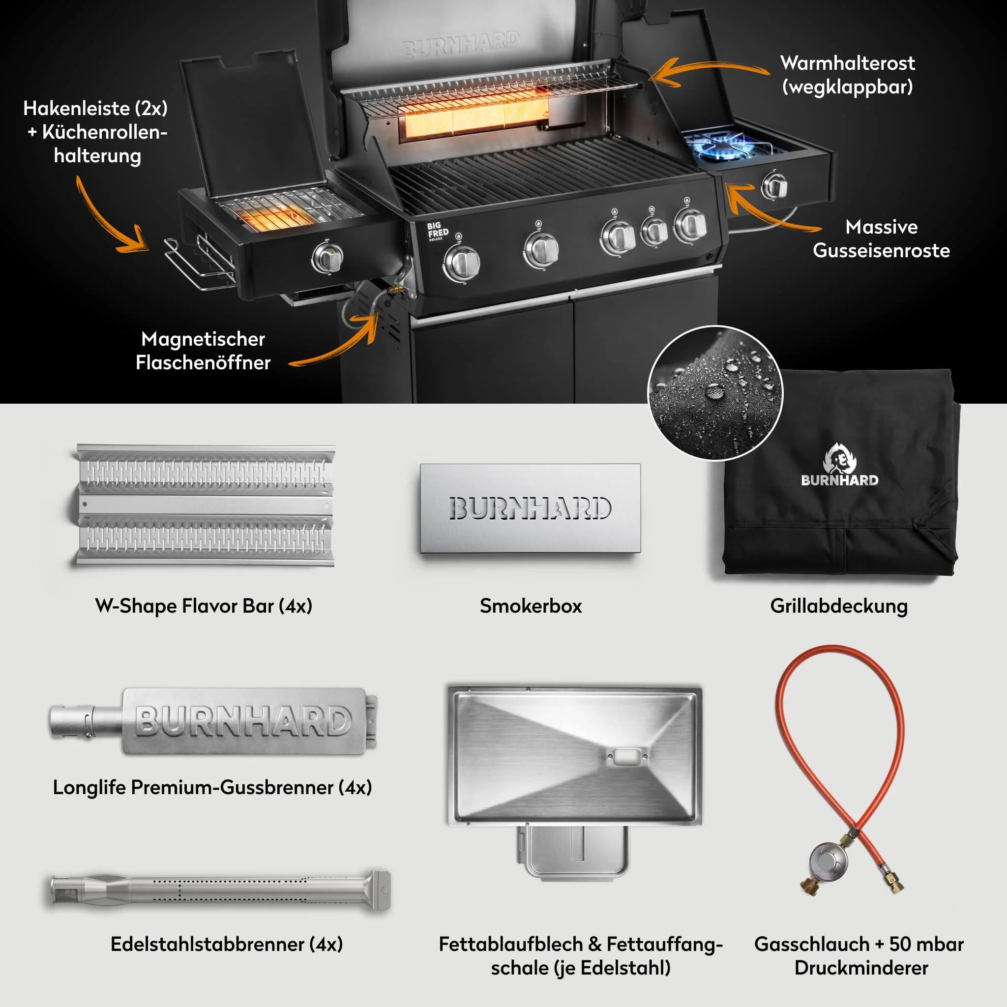 Burnhard Big FRED Deluxe+ Gasgrill Black Edition 4-Brenner mit Edelstahlrost Series 4