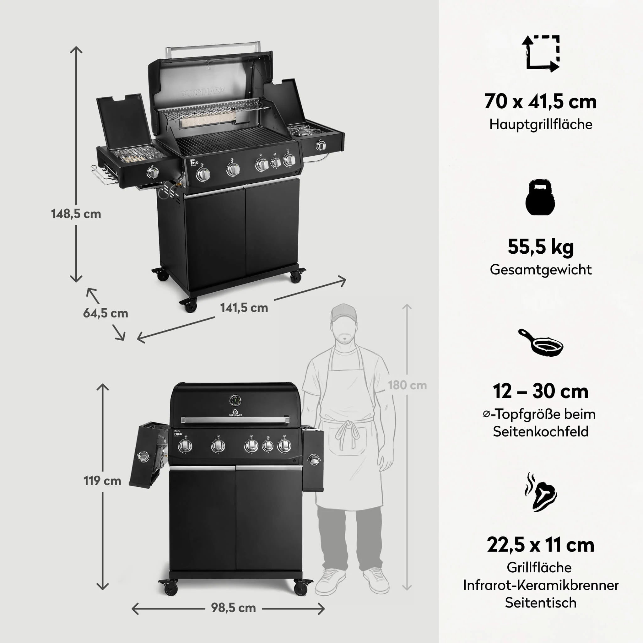 Burnhard Big FRED Deluxe+ Gasgrill Black Edition 4-Brenner mit Edelstahlrost Series 4