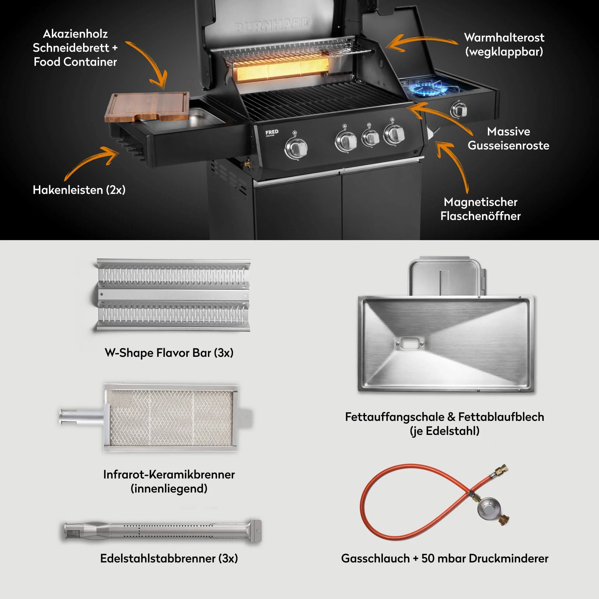 Burnhard FRED Deluxe Gasgrill 3-Brenner Black Edition mit Gusseisenrost Series 4