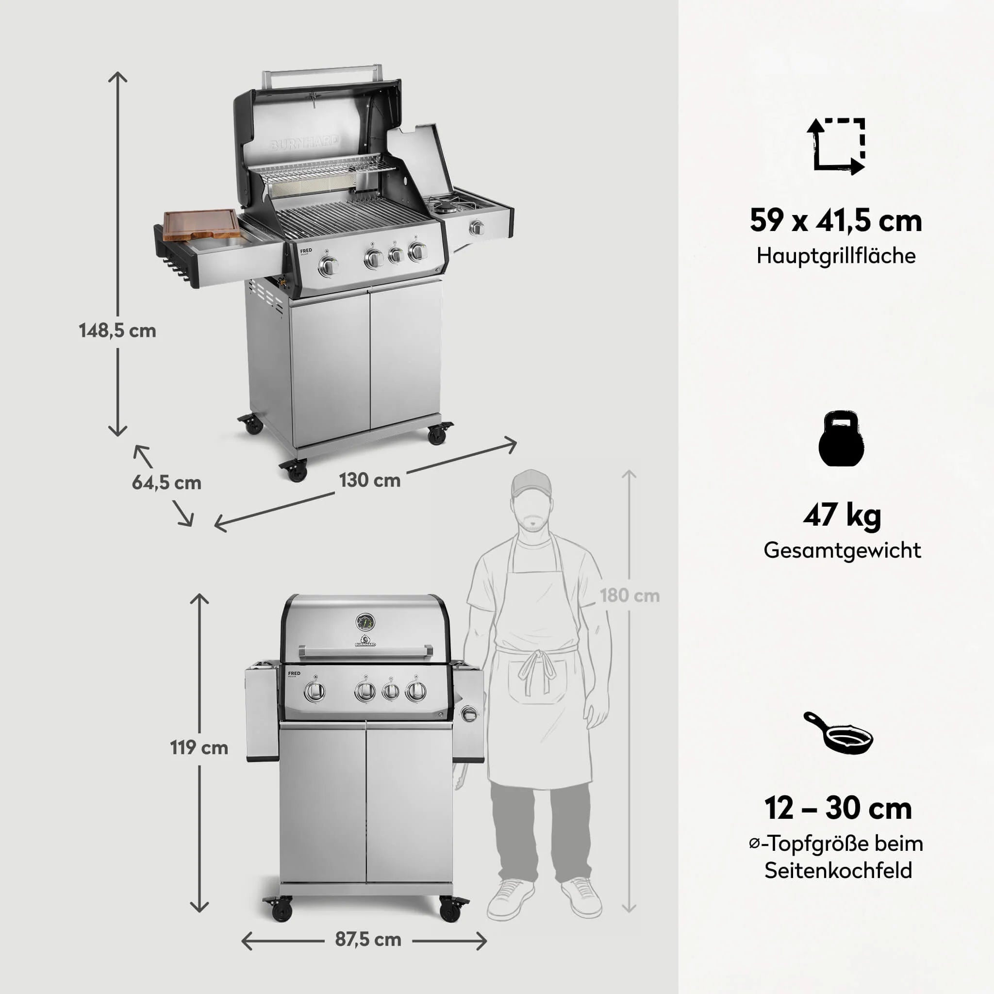 Burnhard FRED Deluxe Gasgrill 3-Brenner Edelstahl mit Edelstahlrost Series 4