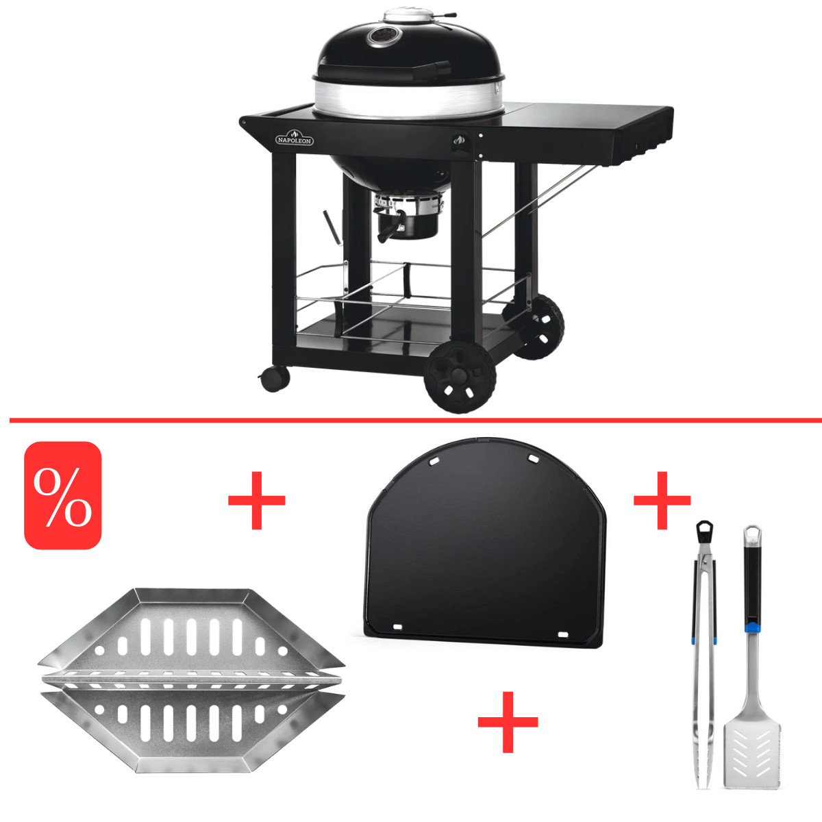 Napoleon Holzkohle-Kugelgrill, Ø57cm mit Unterwagen inkl. Gussplatte, Kohlekörbe & Besteckset